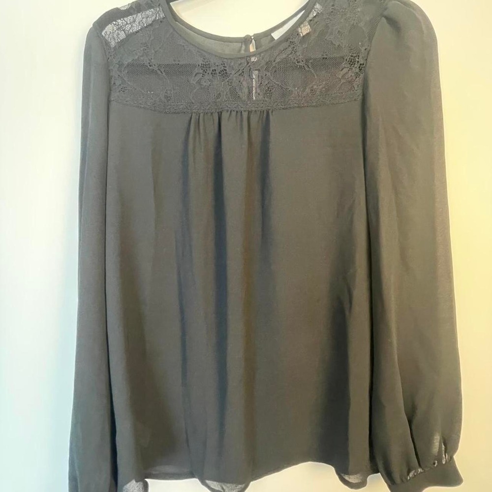 Ann Taylor black sheer long sleeve blouse with lace detail. Size S